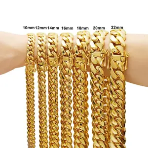 14mm-22mm Gold Tone Stainless Steel Curb Cuban Link Chain Necklace for Men Women