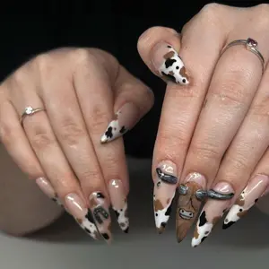 Highland Cow Press On Nails | Cow Print French Tip Acrylic Nails | Cute Animal Nail Set | Glossy Long Stiletto False Nails