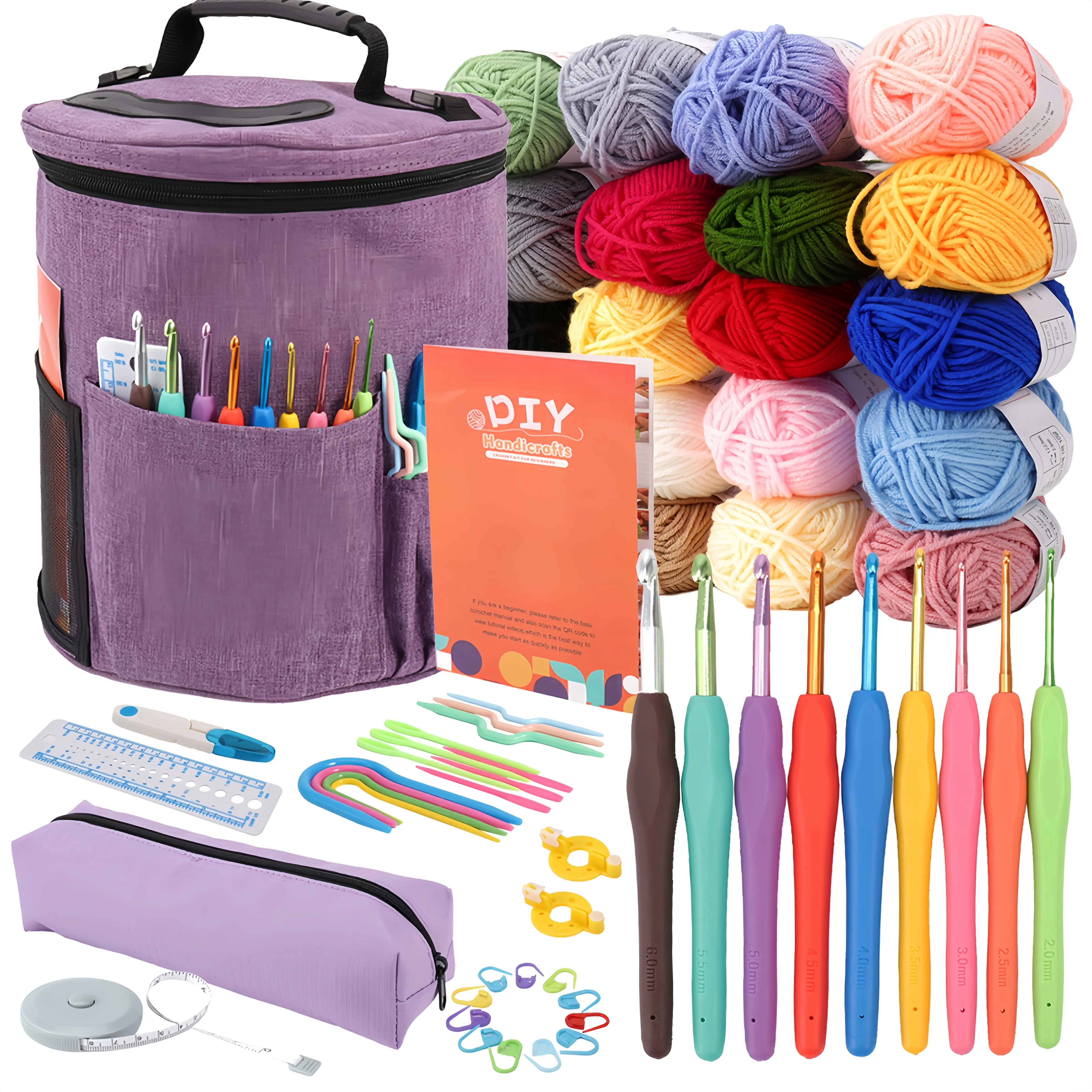 Durable Portable Crochet Kit with Standing Organizer Bucket Yarn Holder - 20 Vibrant Soft Yarn Skeins, 9 Ergonomic Hooks, Tangle-Free Top, Easy-to-Carry DIY Amigurumi Set for Beginners, Teens, Busy Moms (Travel, Home Use)