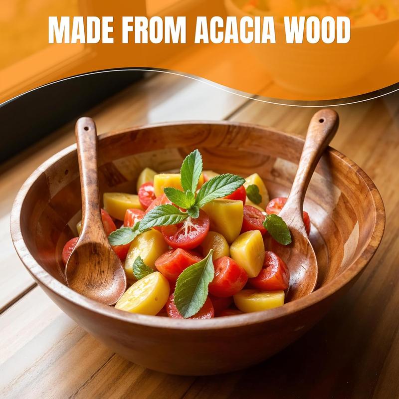 Large Acacia Wood Mixing Bowl with 2 Serving Spoons - 12.5" | Handcrafted Rustic Ceaser Salad Serving Bowl Set, Fruit Bowl, Eco-Friendly & Durable Wooden Utensils for Kitchen Use Aesthetic Tableware