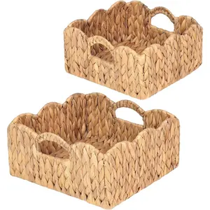 Scalloped Baskets (Natural-Set of 2) Basket Living Room Organizer, Water Hyacinth Basket, Basket For Decor, Woven Basket for Bathroom, Bedroom, Laundry,...Hyacinth Storage Basket with Built-in Handles