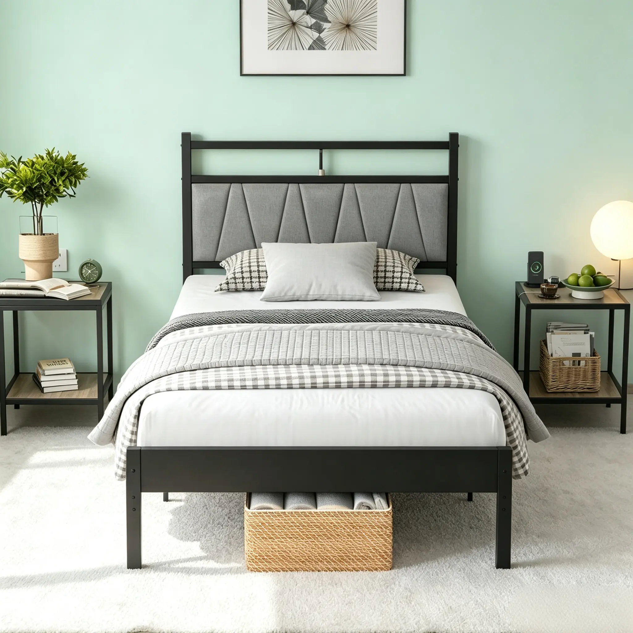 CollaredEagle Twin Full Size Bed Frame Sturdy Metal Platform with Charging Station Fabric Upholstered Headboard Large Underbed Storage for Bedroom