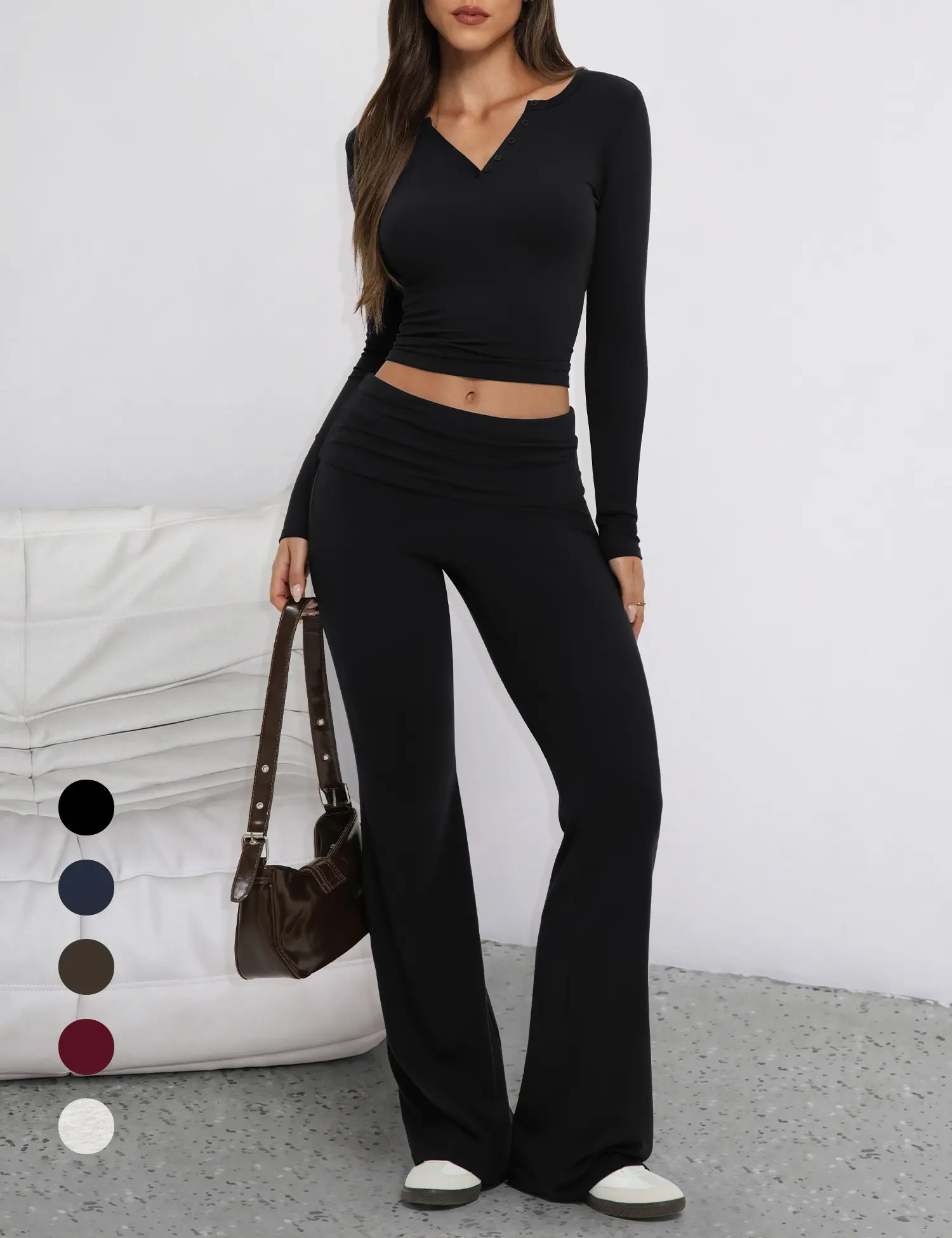 Tournesol Women's Buttery Soft Lounge Set Long Sleeve Henley Top & Foldover Flare Pants 2 Piece Outfit 035