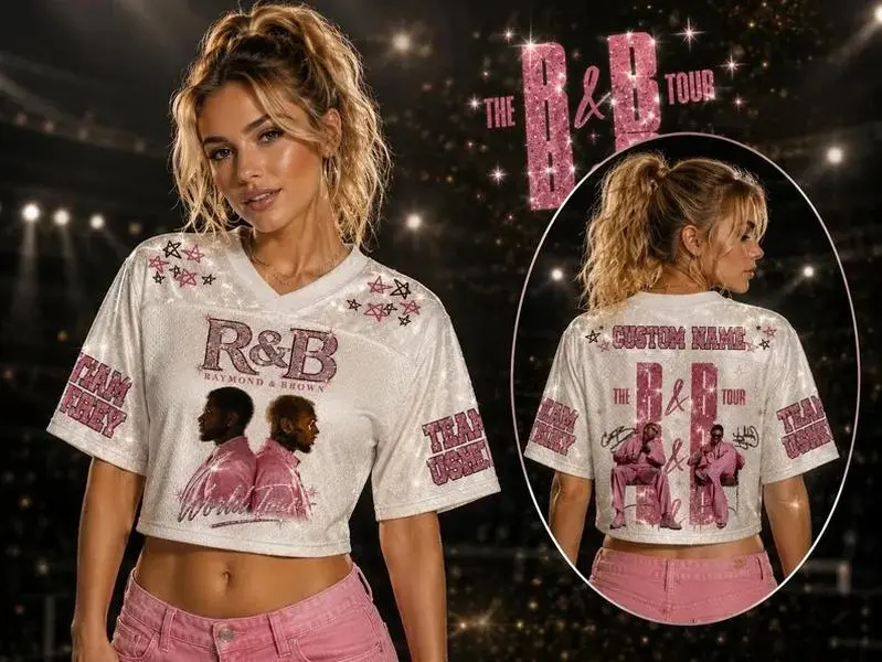 Custom Name R&B World Tour Crop Top Football Jersey - Pink Glitter Sparkle Graphic Mesh Shirt - Y2K Style Concert Merchandise Top for Women
