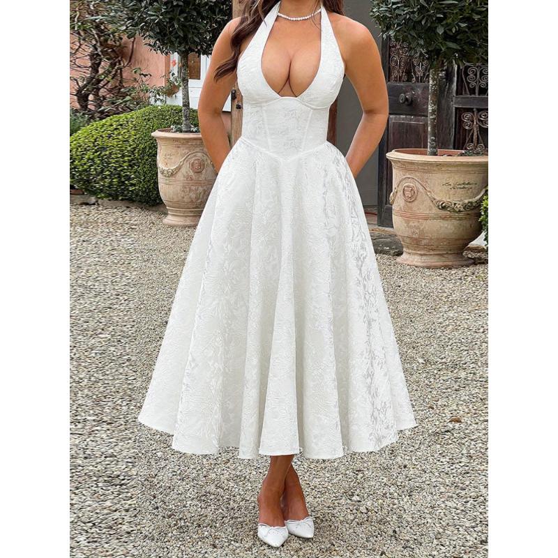 Women'S Elegant Jacquard Halter Neck Sleeveless Open Back A-Line Maxi Dress - Low-Cut Formal Party Evening Gown with Train, Solid White All-Season Evening Dress for Weddings, Proms & Special Occasions, Structured Waist & Flowing Skirt, Year