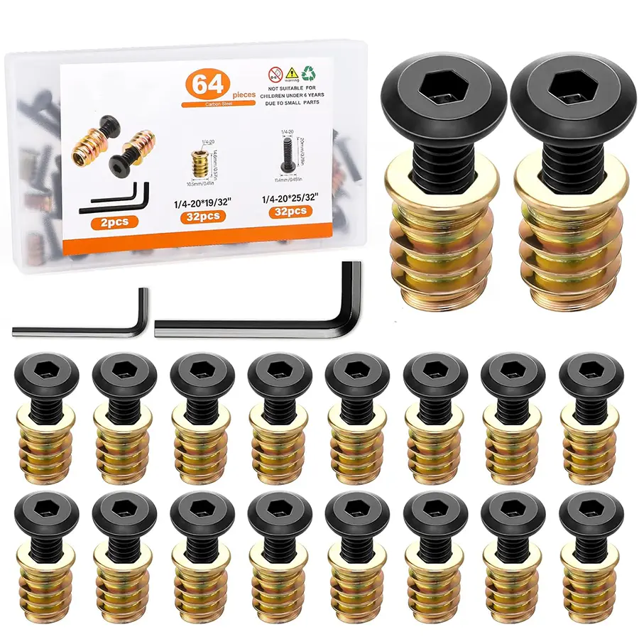 GJANSH 32 Sets Threaded Inserts for Wood Furniture Screws | 1/4-20 x 3/4",1/4-20 x 19/32" Nut and Bolts, 12.9 alloy steel&galvanized steel, Hex socket drive, for pine furniture assembly
