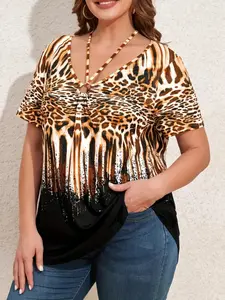 Plus Size Women's Leopard Print Gradient Ring Decor Hollow Out Short Sleeve V-Neck Top, Spring & Fall Long Sleeve Fitted Clothing