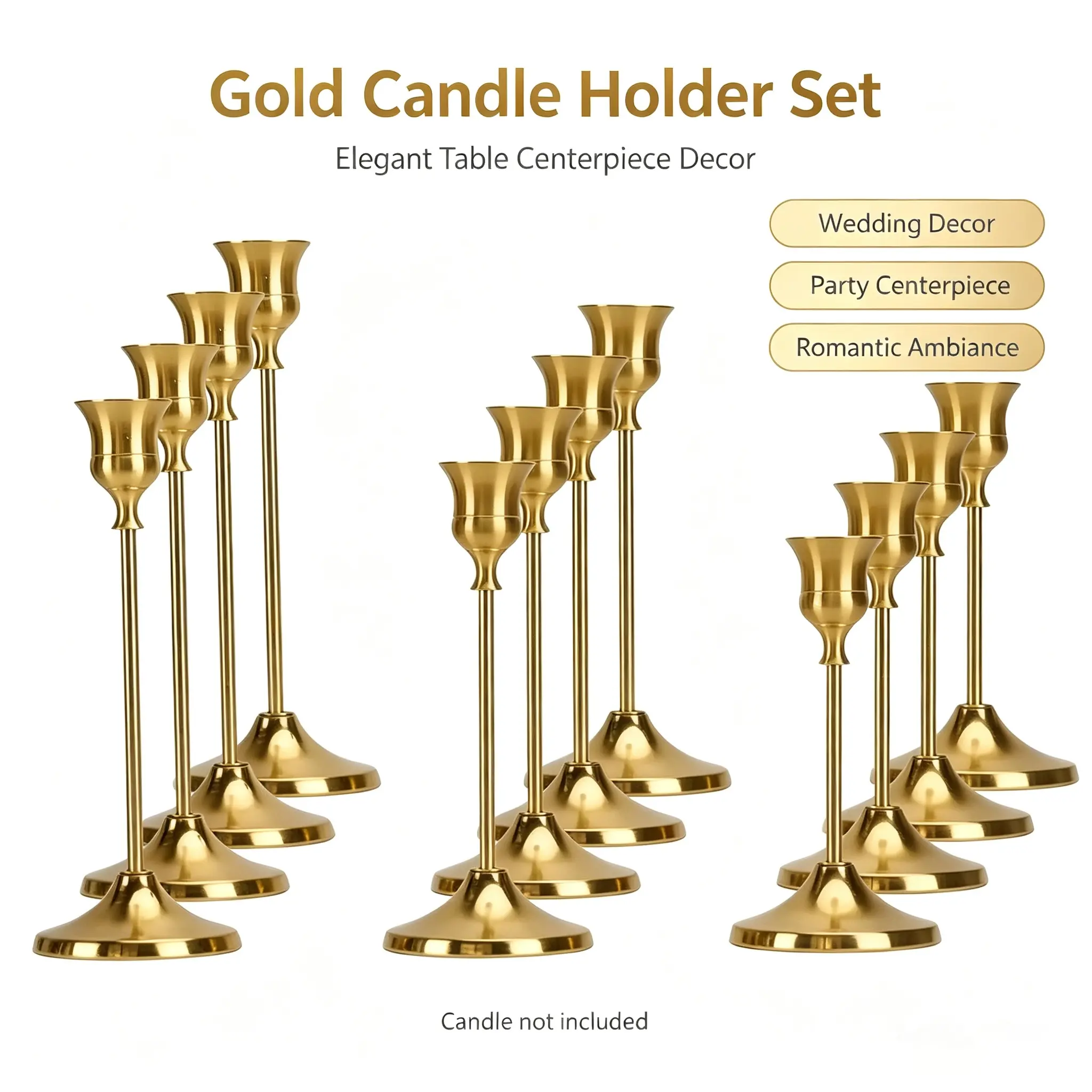 12Pcs Gold Copper Color Candle Holders, Vintage-Modern Stylish Decor Pieces, Candle Holder Centerpieces for Christmas, Home Decor, Gold Candle Holders Decoration Items Home Accessories