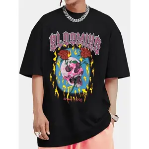 180g[100%cotton]Skeleton rose print, men's pattern T-shirt, summer casual T-shirt, men's clothing