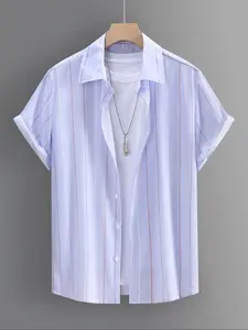 Men's Regular Fit Striped Print Short Sleeve Shirt, Casual Comfy Top for Summer, Men's Clothes for Beach Vacation Daily Wear, Pajama, Loungewear, Menswear