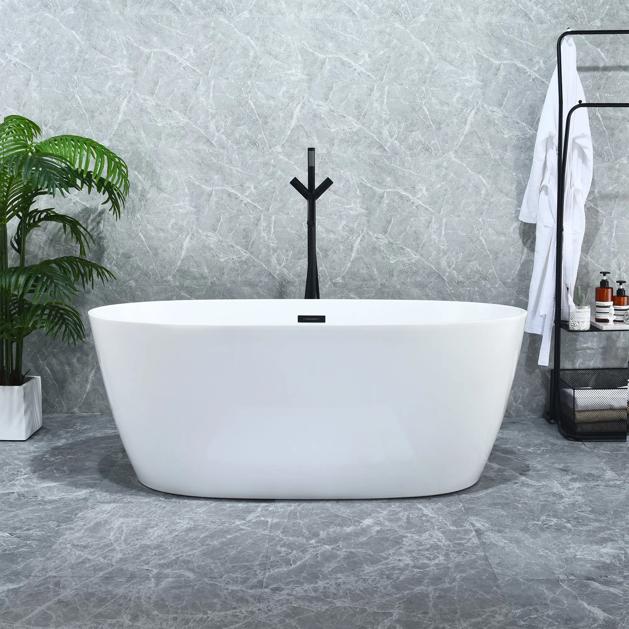 Rauris 59" x 28" Flatbottom Freestanding Acrylic Soaking Bathtub in Glossy White with Drain and Overflow