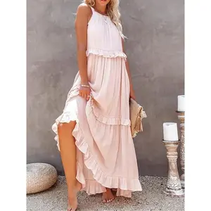Women's Plain Ruffle Trim Tiered Layer Dress, Casual Sleeveless Maxi Dress for Summer Beach Holiday Vacation, Ladies Clothes for All Seasons, Womenswear, Asymmetrical Ruffle Dress, Evening Party Dresses