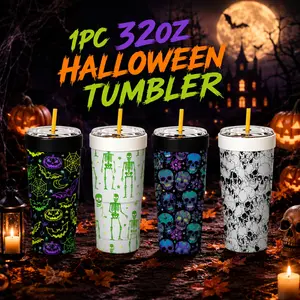 1PC 32oz Halloween Insulated Tumbler with Neon Pumpkin, Skeleton & Skull Floral Prints, Stainless Steel Vacuum Cup with Lid and Straw, Keeps Drinks Cold 24H & Hot 12H, Leakproof Travel Mug for Halloween Parties, Gothic Aesthetic Lovers, Camping & Daily Us