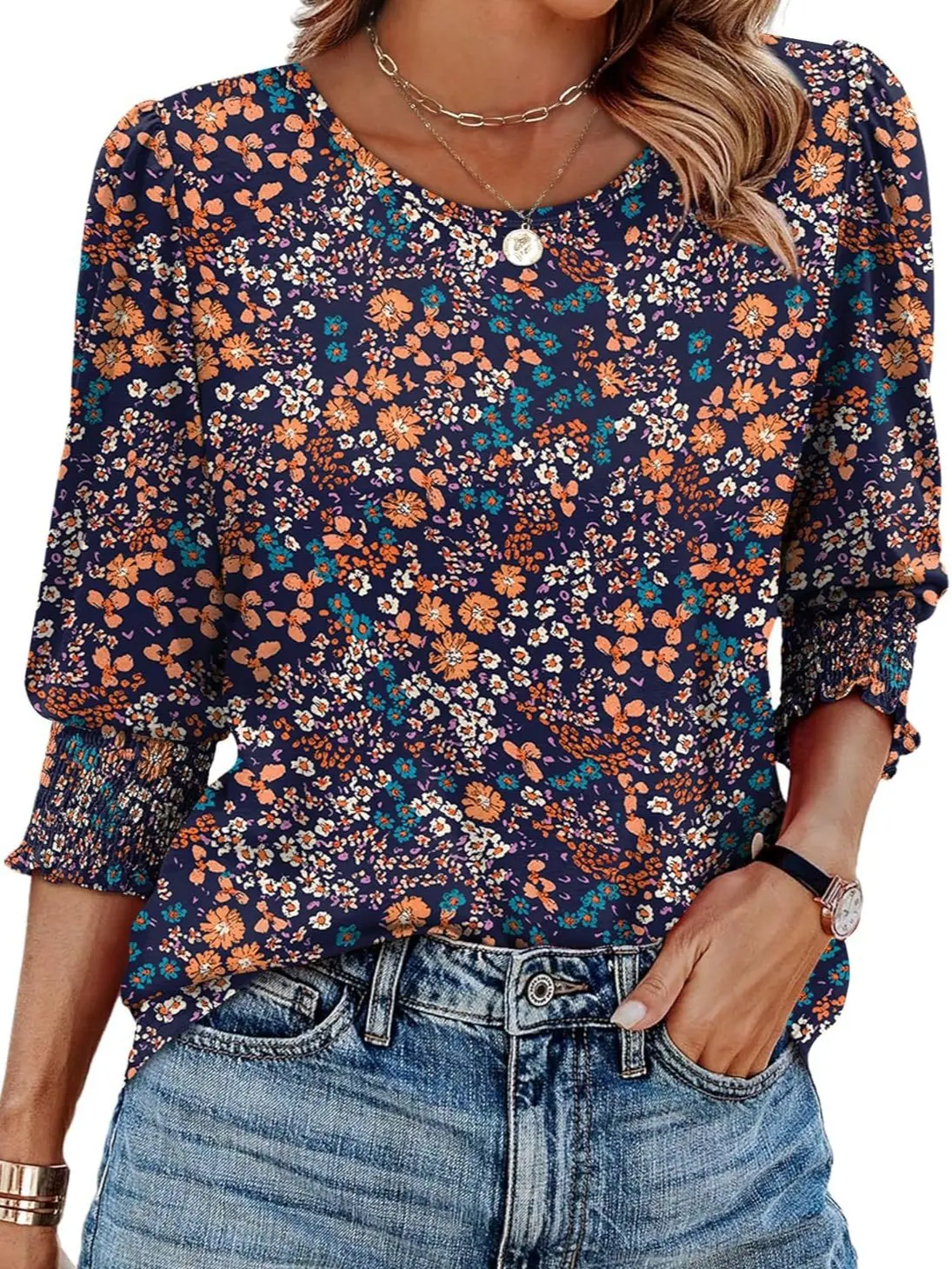 Lady's Casual Plant-Print Crew-Neck Polyester Blouse - 3/4 Raglan Sleeve Medium-Length Shirt with Gathered Cuffs for Daily Wear