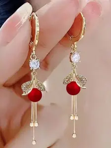 1 Pair Luxurious Red Long Tassel Pearl Leaf Dangle Earrings, Elegant Jewelry for Special Occasions