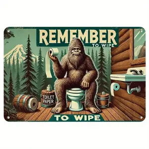 2D Flat 1pc Vintage Metal Sign - Funny Sasquatch Bathroom Reminder Wall Art, Rustic Cabin Scene with Toilet Paper Roll, Ideal for Home, Cafe, Farmhouse Decor - Perfect Holiday Gift, Bathroom Wall Art Playful Design, 2D Flat