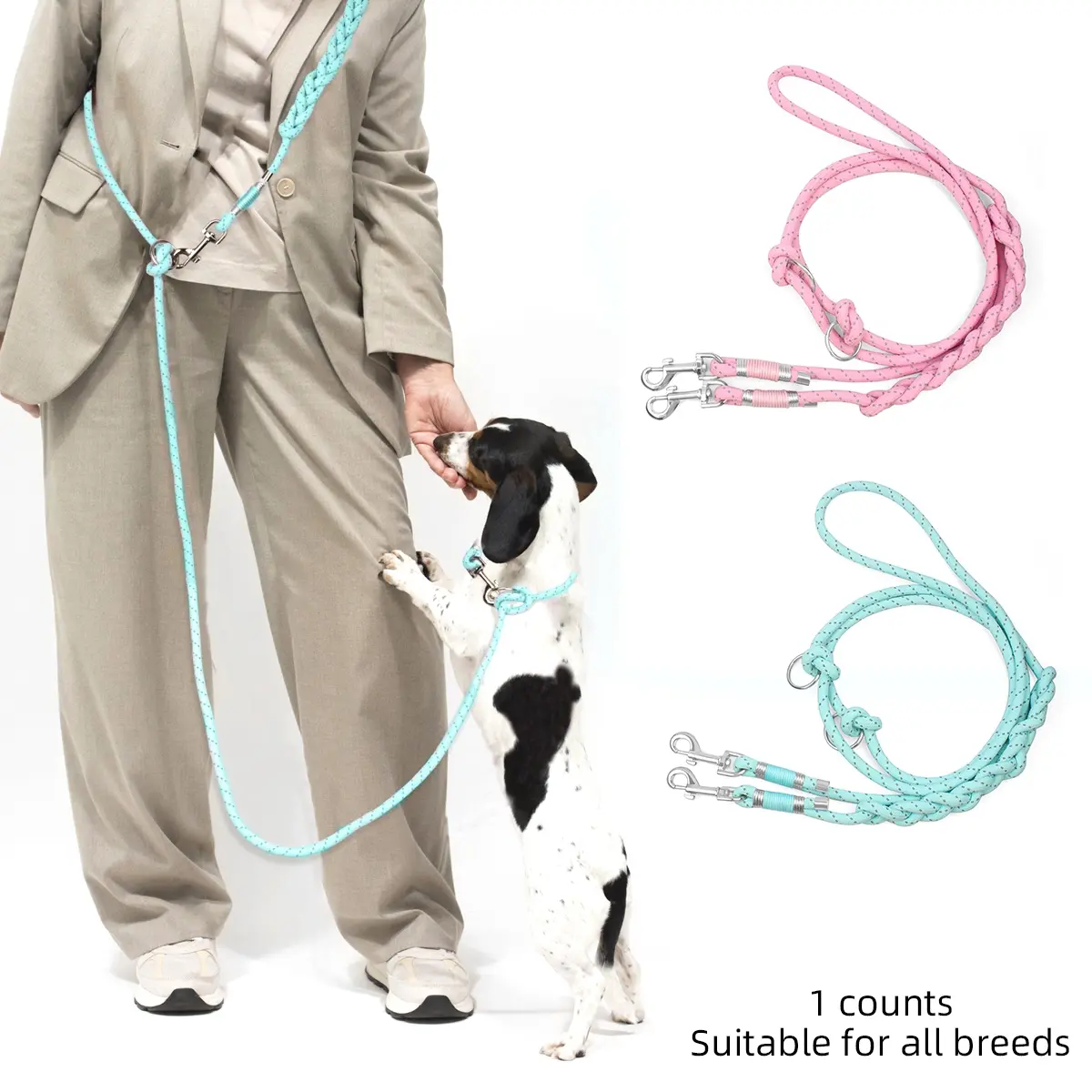 Handmade Knitted Pet Dog Leash, Puppy Leash, Night Reflective Multi-Function Dog Pull Rope, Adjustable Metal Buckle, Outdoor Walking Harness for Two Dogs, Adjustable Safety Harness