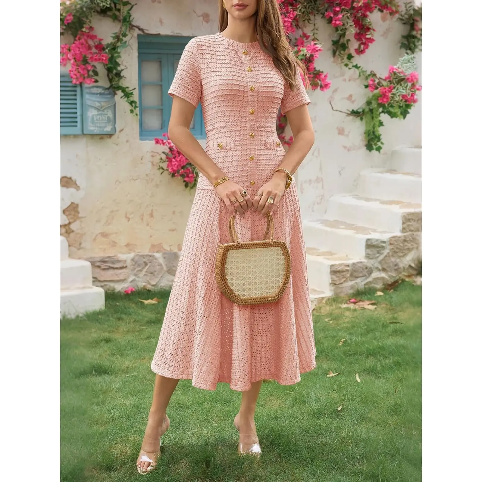 Wenrine Womens Midi Dress Summer Casual Short Sleeve Crewneck Button Decor. Textured Slim Fit A Line Dresses