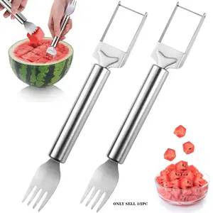 2 in 1 Watermelon Fork & Slicer, 1/2 Counts Stainless Steel Fruit Cutter, Dual Head Fruit Forks Slicer Knife with Round Handle, Fruit Cutting Kitchen Utensils, Kitchen Gadgets, Fruit Vegetable Slicer