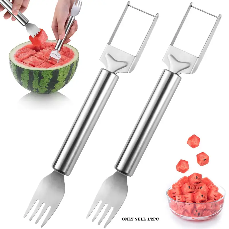 2 in 1 Watermelon Fork & Slicer, 1/2 Counts Stainless Steel Fruit Cutter, Dual Head Fruit Forks Slicer Knife with Round Handle, Fruit Cutting Kitchen Utensils, Kitchen Gadgets, Fruit Vegetable Slicer