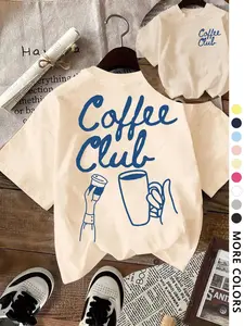 【100% cotton】 Coffee Cup & Letter Print Tee | Trendy Caffeine Aesthetic T-Shirt | Cute Barista Daily Wear Top | Soft Cotton Relaxed Fit Apparel | Minimalist Coffee Lover Gift | Retro Casual Streetwear for Women