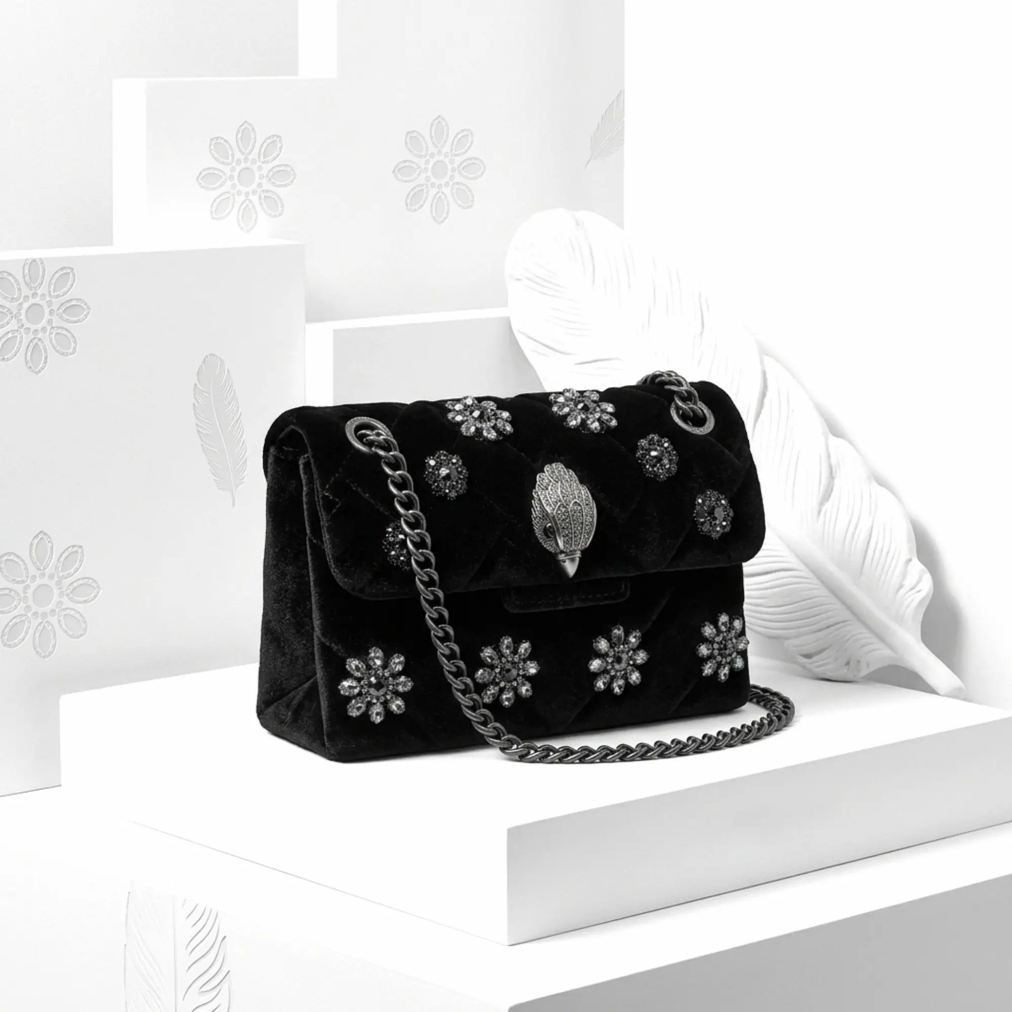 Kurt Geiger Women Black Velvet Quilted Shoulder Bag Rhinestone Floral Decor Eagle Head Metal Chain Crossbody Flap Handbag