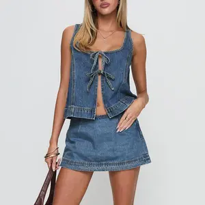 Women’s Two Piece Denim Outfits Sleeveless Tie-up Front Tops and Mini Skirt Set Clubwear