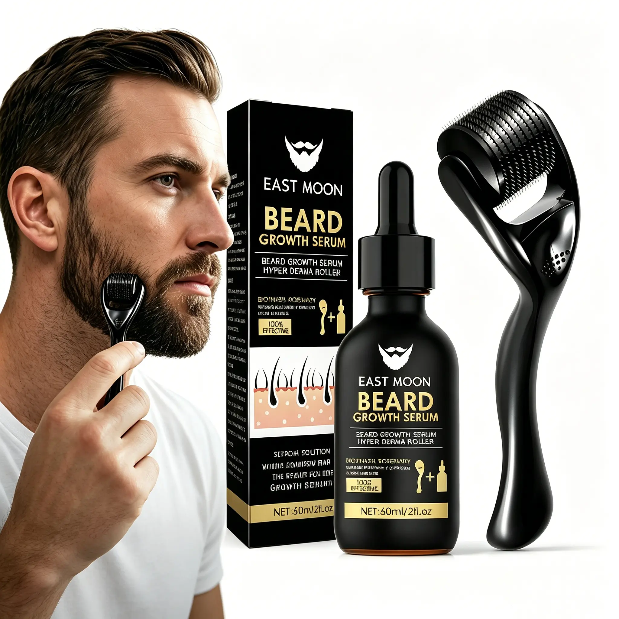 EAST MOON Beard Growth Serum & Derma Roller Kit, Beard Care Nutritional Oil, Making Beards Thicker and More Shiny, Daily Beard Care Products for Men, Holiday Gifts, Father's Day Gifts