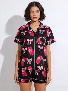 2-Piece Women's Pajama Set, Nightwear - Valentine's Day Soft Drink Heart Bow Print Short-Sleeve Shorts Set, Top with Small Pockets, Button Closure, Elastic Waistband, Casual, Comfortable, Cute, Home Wear Loungewear Pajamas, Pjs