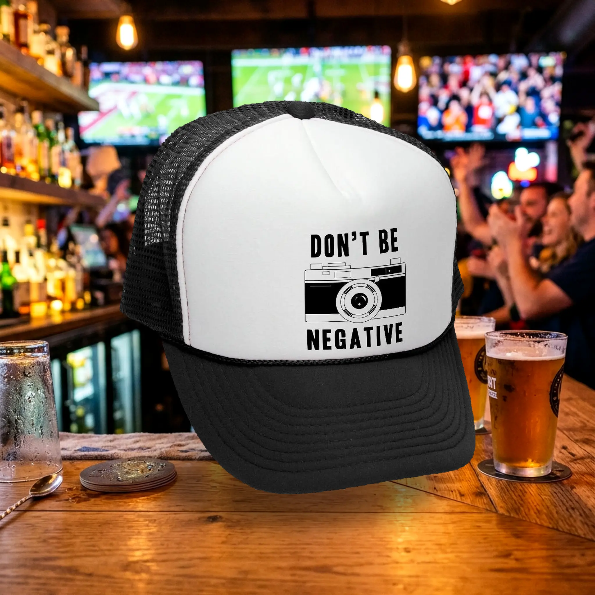 "Don't Be Negative" Brand New Polyester Foam Camera Trucker Hat - 5-Panel Mesh Cap, Flat Bill, 1 Size Fits All Snap Back
