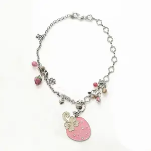 ALIELNOSIRRAH Y2K Glitter Pendant Necklace Pink 'Strawberry Bud' & Sliver 'Melody of Hearts'