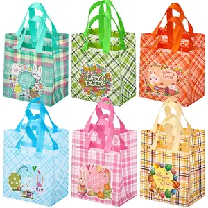 12pcs Reusable Non-Woven Easter Gift Bags Happy Easter Bunny Egg Themed Party Favors Assortment with Handles, Durable Easter Party Supplies for Egg Hunt