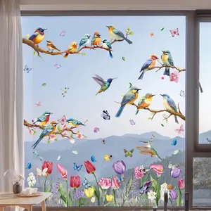 9 Sheets 76 PCS Tulip Window Clings with Bird Branch Butterfly Double Sided Reusable Spring Holiday Decorations for Room Office