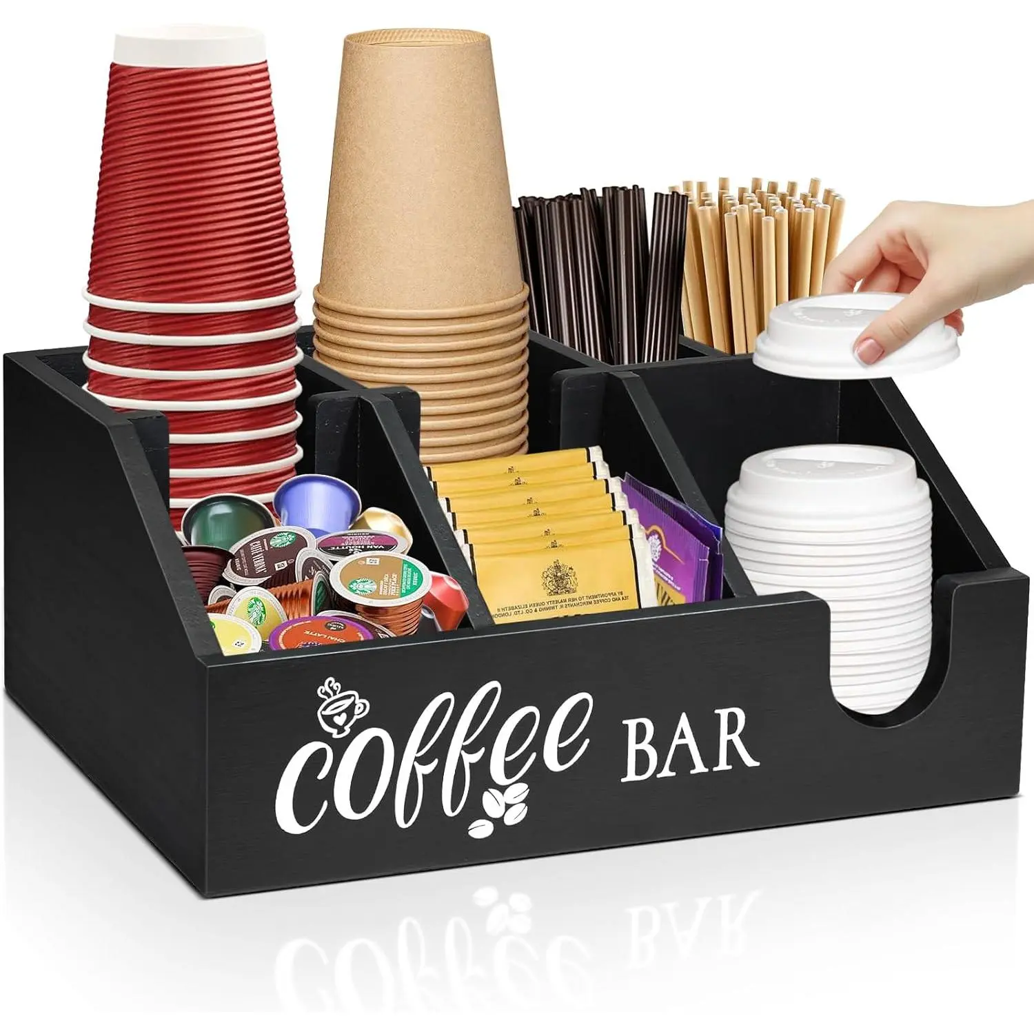Rustic Coffee Bar Organizer - Wooden Coffee Pod Holder & Cup Storage Basket for Counter - K-Cup Sugar &  Condiment Organizer
