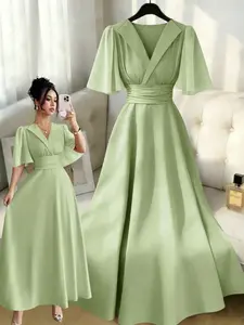 New Women's Lapel Neckline Dress, Waist Ruched Back Tie Chiffon Patchwork, Peplum Sleeves, Elegant Casual Summer Dress