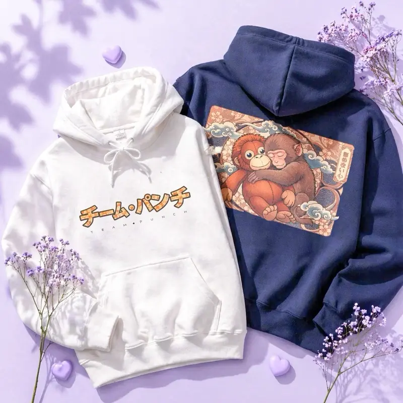 Japanese Inspired Monkey Hug Hoodie | Cute Graphic Pullover | Team Punch Hoodie | Cozy Unisex Sweatshirt Gift