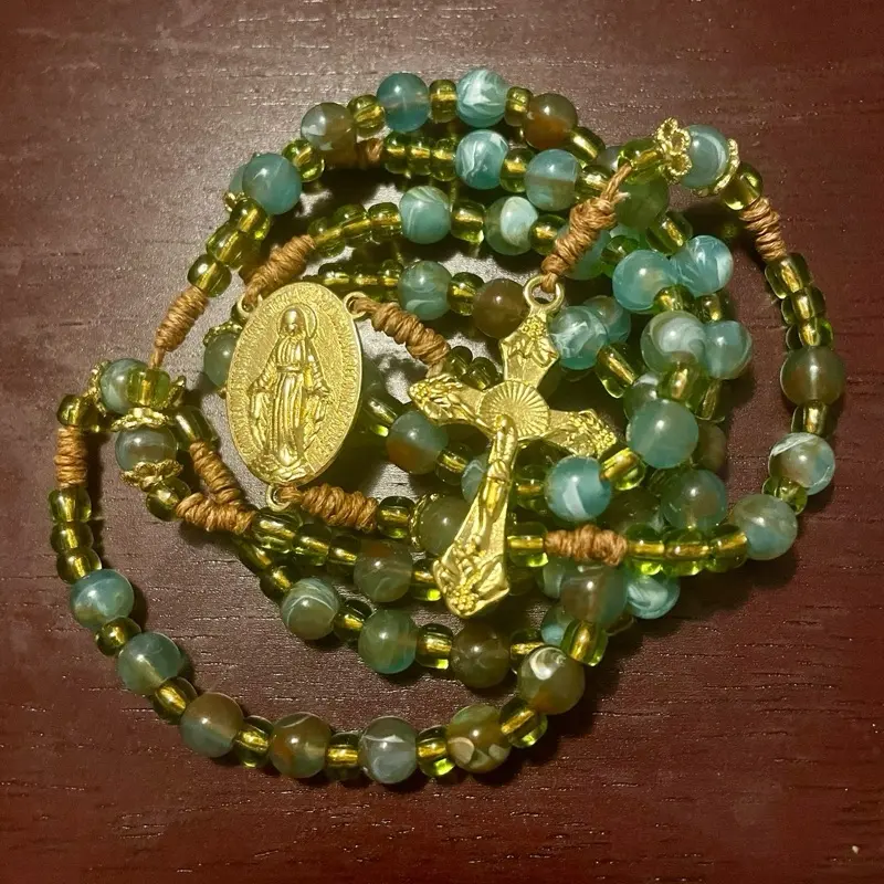 Rosary with Blue and Green Beads - Gold-Tone Hardwares