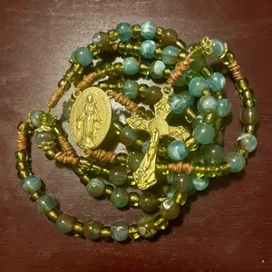 Rosary with Blue and Green Beads - Gold-Tone Hardwares