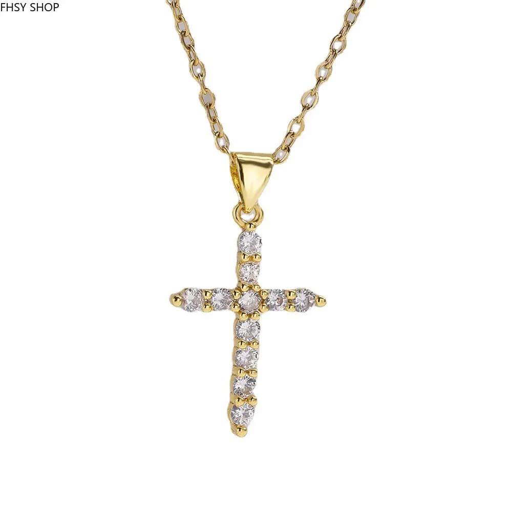 FHSY SHOP Dainty Gold Plated Paved CZ Cross Necklace Micro‑Zircon Christian Cross Pendant Rolo Chain for Women, Faith Jewelry & Everyday Wear