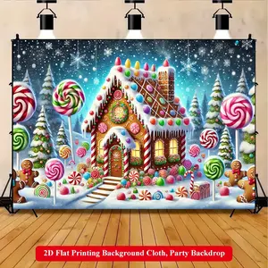 2D Flat Printing Backdrop Banner 1pc, Gingerbread House With Colorful Candies Vibrant Polyester Background Cloth for Family Party, Wedding, Birthday, Christmas, Thanksgiving, Fall, Entryway, Room Decorations, Easy to Set Up, Reusable