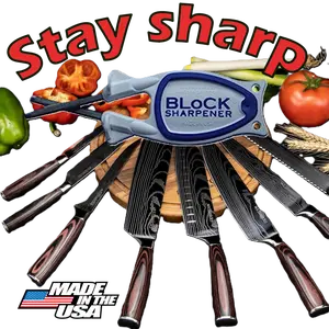 Block's Kitchen knife sharpener, white with blue nonslip grip, new patent sharpener that relines and hones blades to original true edge without living nick, lips nore burs.