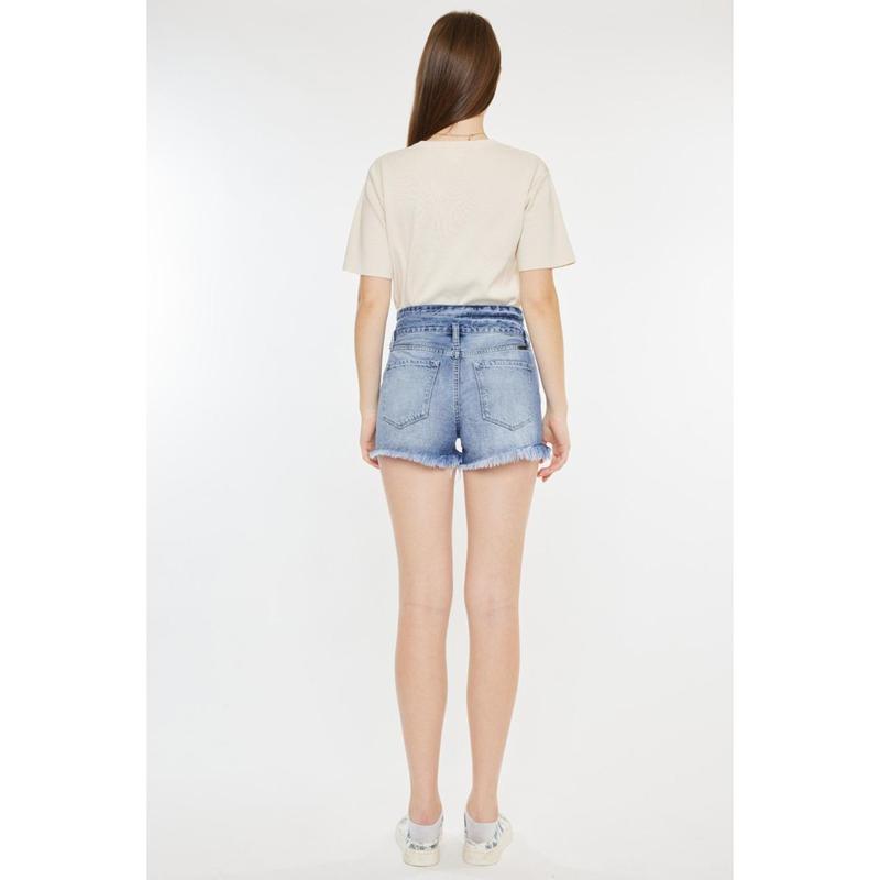 Kancan High Rise Frayed Hem Denim Shorts