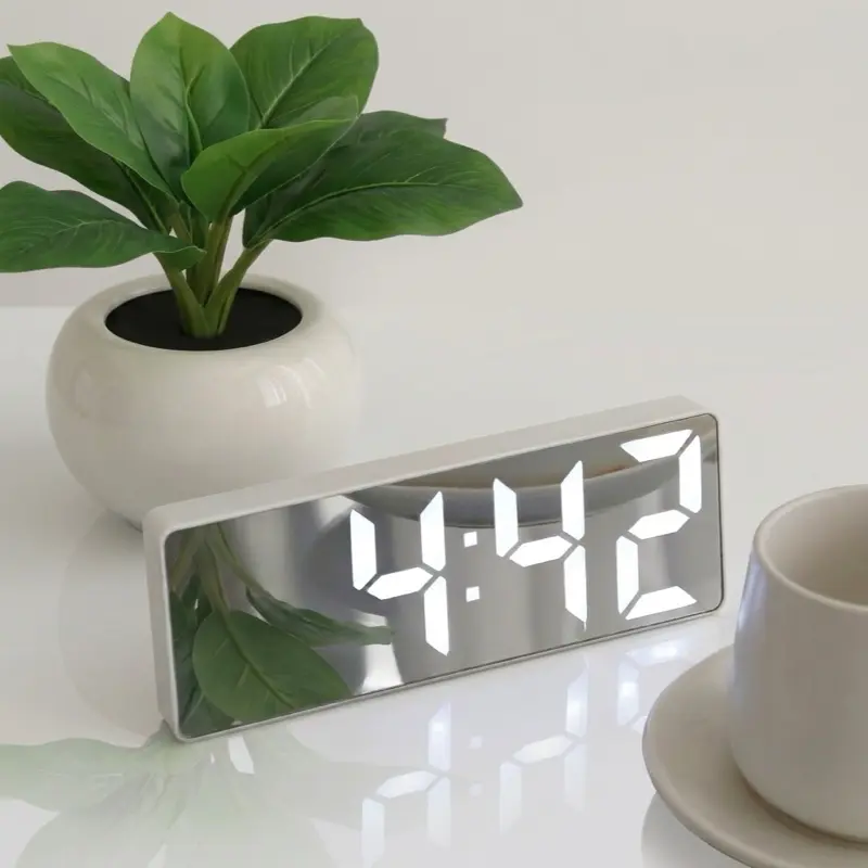 Modern LED Digital Mirror Desk Clock - Aesthetic Bedroom Alarm Clock with Temperature Display, Dimmer, Snooze Function