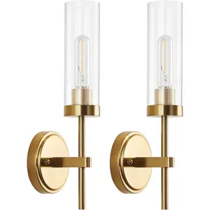 Wall Sconces 2 pcs, Vanity Lights for Bathroom Sconces Wall Lighting with Clear Glass Shades, Vintage Antique Brass Wall Lamp for Mirror Bedroom Living Room Bedside Hallway, Brass Gold