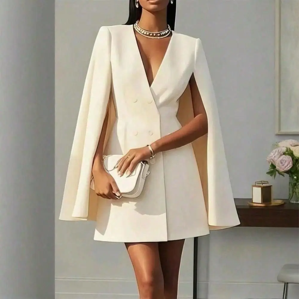 Elegant Solid Color V Neck Double-Breasted Cape Blazer Dress Spring & Summer Party Banquet Outfit for Women Chic Casual