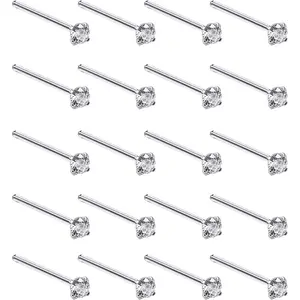 Silver Set of 20 Round Clear Simulated Diamond Nose Stud Box 1.5 mm Straight