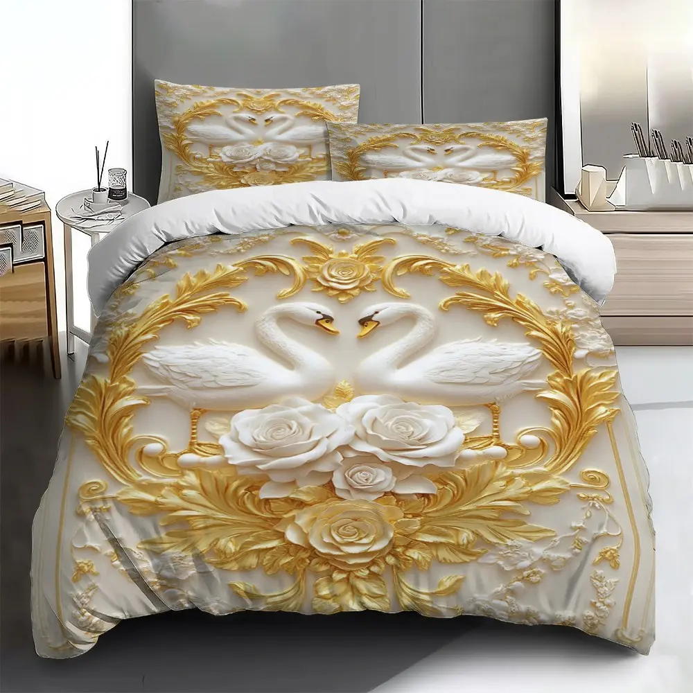 Three-piece bedding set - 3pcs 2D Flat gold and white embossed swan and rose pattern duvet cover set (1 duvet cover + 1/2 pillowcases, no insert), Floral bedding sets, Comfy bedding sets, suitable for family bedrooms and guest rooms