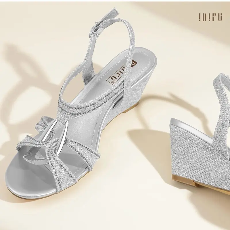 IDIFU IN2 Wedge Sandals Rhinestone Sparkly Size 9 Strappy Wedge Heels with Mental Ring Comfortable Dressy Wedding Bridal Bride Party Dress Shoes for Women Low Heel Fashion Cute Bling Dress Sandals