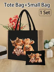 Highland Cow Printed Black Linen Handbag,Cute Bow Leopard Design Two Cute Highland Cows, Large Capacity Cosmetic Bag With Hand Rope,Christmas Gift,Black Linen Coin Purse,Pattern Print Design For Women,Everyday Use As A Convenient Shopping Bag.