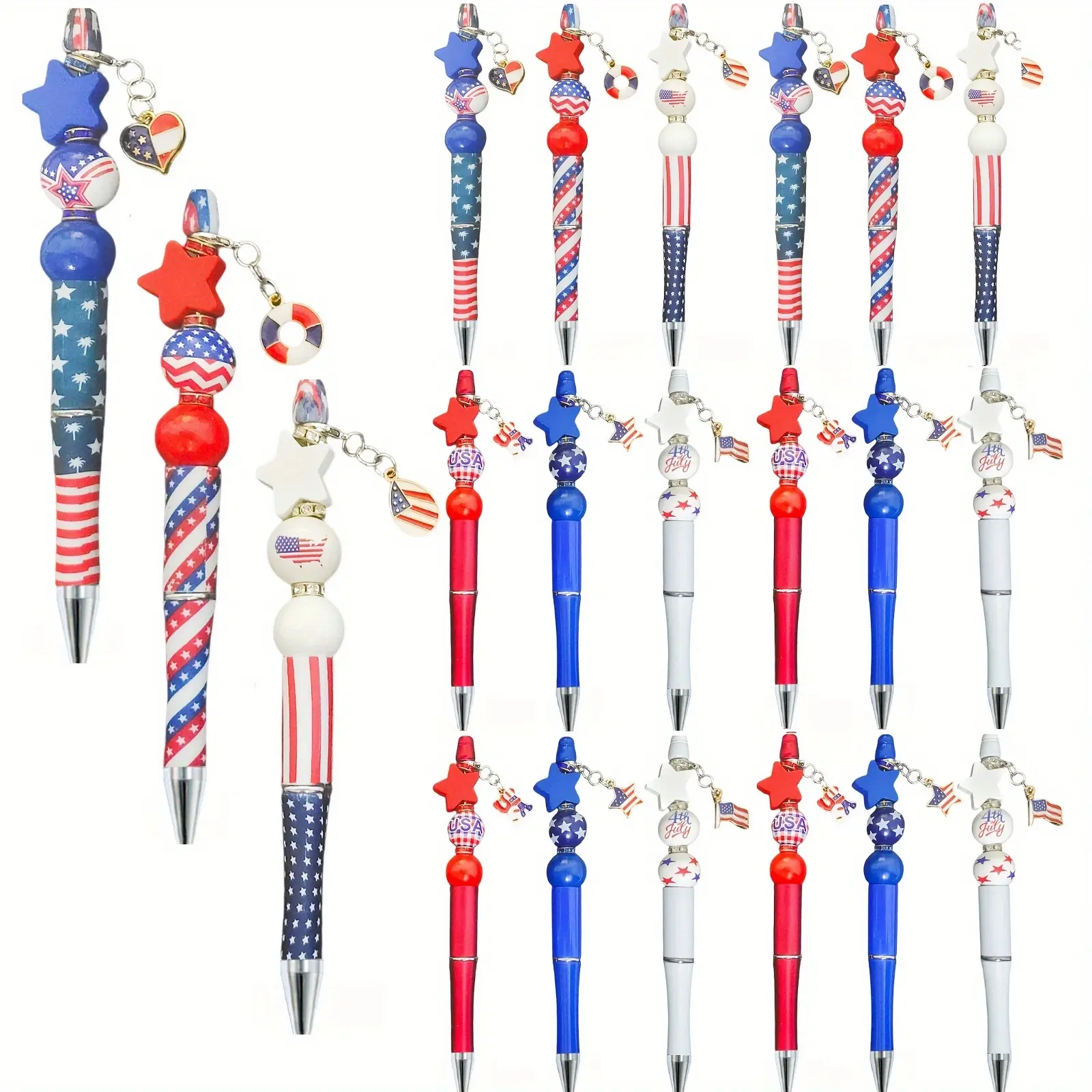 18 patriotic American flag ballpoint pens jewelry set, July 4th Independence Day ballpoint pens, craft office, school gift supply